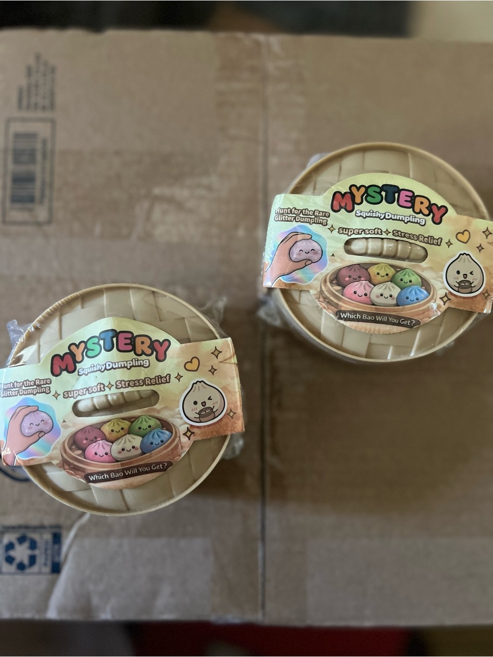 Mystery Squishy Dumpling Stress Toy - Beige with Pastel Multicolor Baos 2 pack